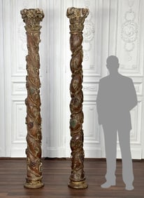Pair Solomonic Carved Wood Architectural Columns