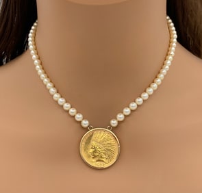 1932 $10 Indian Head Eagle Coin Pearl Necklace