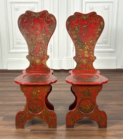 Pair George II Style Red Lacquer Hall Chairs