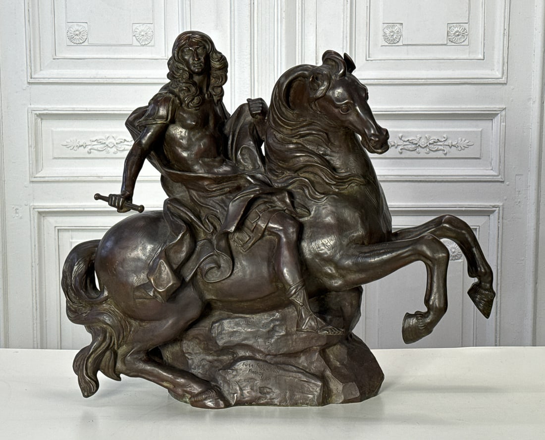 Marinelli Louis XIV Equestrian Bronze: Marinelli Louis XIV Equestrian Bronze, Italian, 20th Century, King Of France On Horseback After Gian Lorenzo Bernini, Rockwork Marked Fuse Fernando Marinelli Firenze, Edition 5/50, 27.5 X 32 X 16 Inch