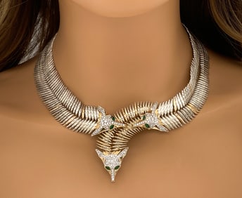 Erte Foxes Diamond & Emerald Necklace And Brooch