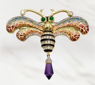Enamel, Diamond, Amethyst & 18k YG Brooch