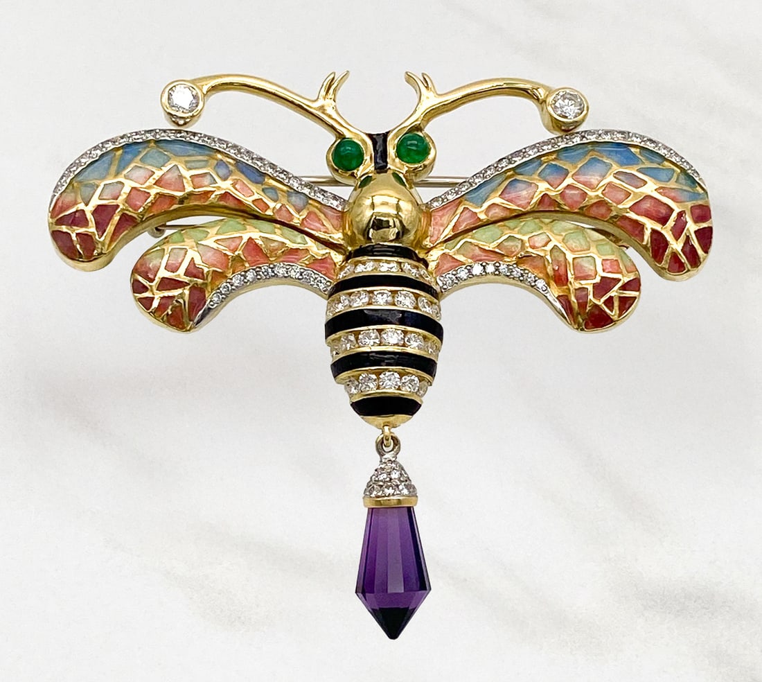 Enamel, Diamond, Amethyst & 18k YG Brooch (1 of 3)