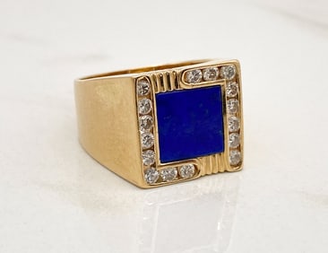 Lapis And Diamond Men's Ring 18k Yellow Gold