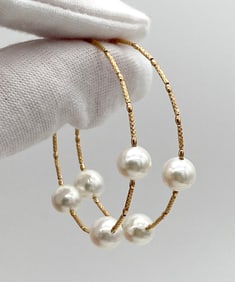 18k Yellow Gold And Pearl Hoop Earrings