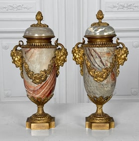 Pair Louis XVI Gilt Bronze & Marble Urns