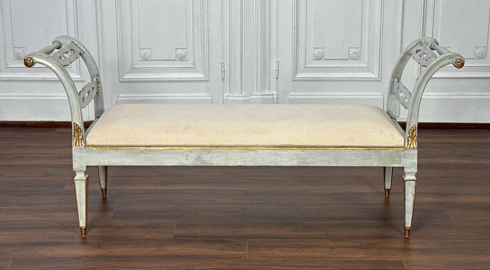 Italian Grey Paint Bench: Italian Grey Paint Bench, Identical Item 6093.28 In Minton Spidell Catalogue, With Scroll Arms, Rosettes, Padded Seat, Tapering Square Legs, Height 31, Width 71, Depth 22, Seat Height 17, Seat Length