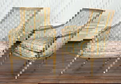 Pair Antique Louis XVI Style Bergere Armchairs