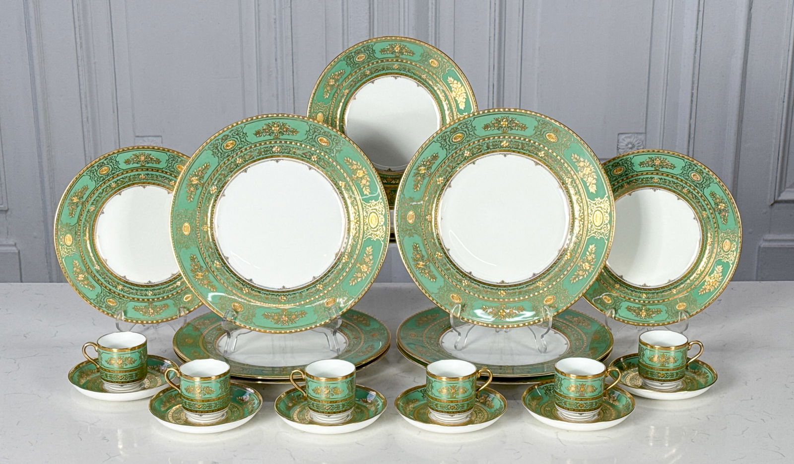 Minton For Tiffany & Co. Porcelain Service: Minton For Tiffany & Co. Porcelain Service, English, 20th Century, Green And Gilt, 24 Pieces, Comprising 6 Dinner Plates (10.75 Inches), 6 Dessert Plates (9 Inches), 6 Demitasse Cups And Saucers, All