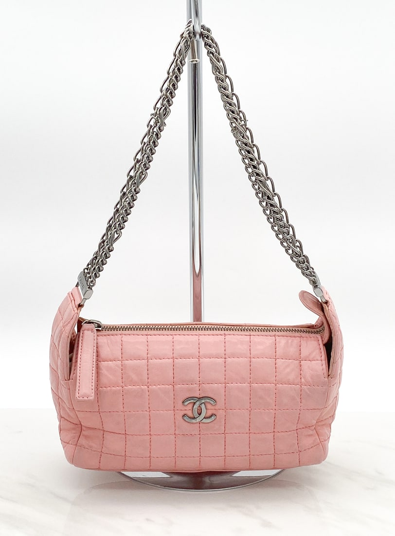 Rare Chanel Pink Chocolate Bar Bag: Rare Chanel Chocolate Bar Bag In Pink Leather, Retains Hologram 8708997 Sticker Indicating Date Of Manufacture 2003-2004, Made In Italy, Gunmetal Hardware, Strap Drop 8 Inches, Slight Color Transfer T