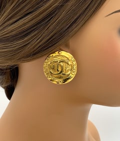 Pair Chanel Button Logo Earrings
