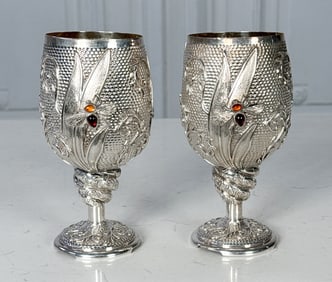 Pair Galmer Bee Sterling Silver Goblets