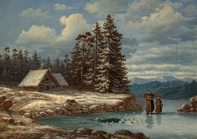 Antique Winter Landscape Oil Painting