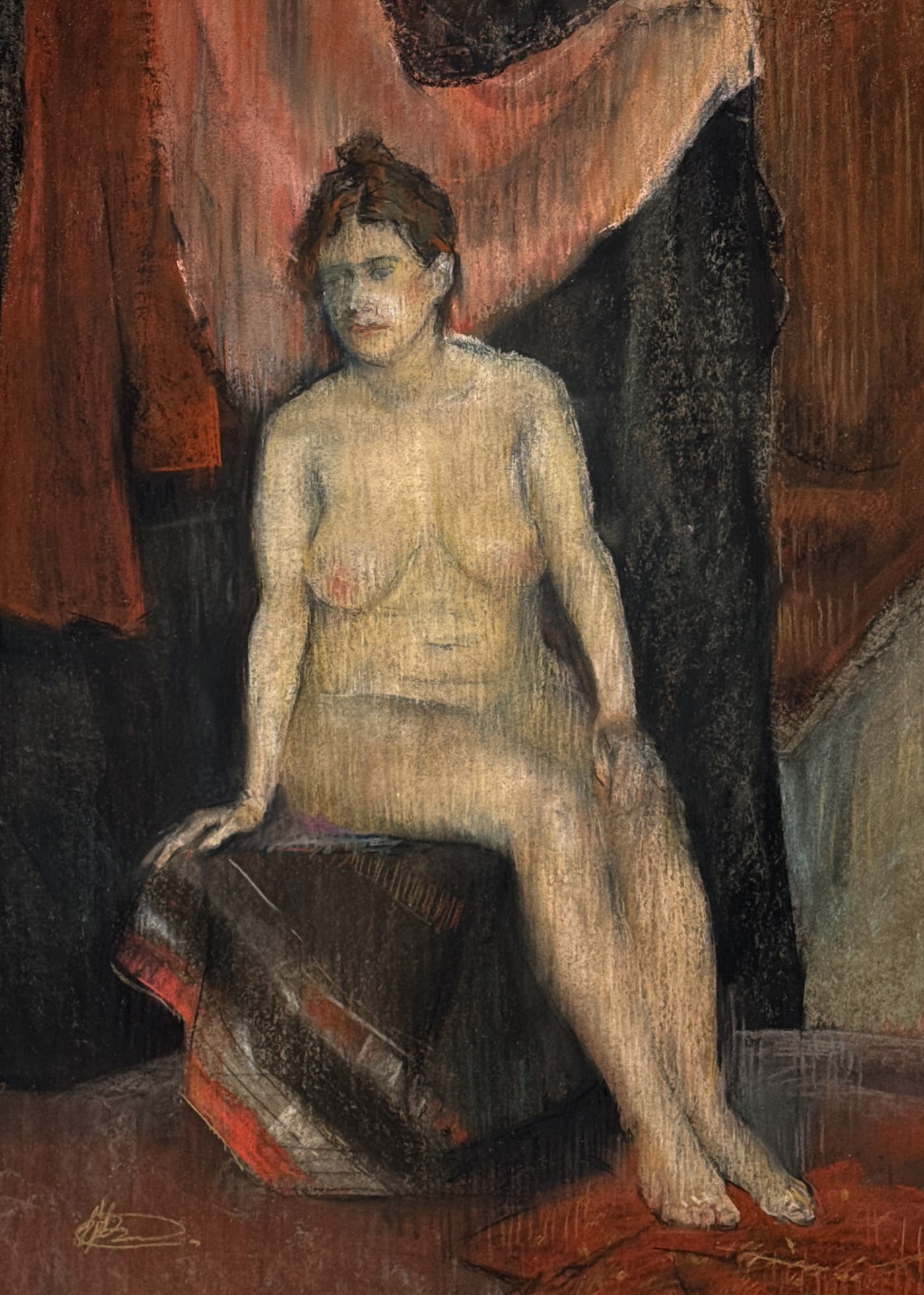 Nude In An Interior Pastel Drawing: Nude In An Interior Pastel Drawing, Probably European, 20th Century, Seated Woman In Impressionist Style, Signed Lower Left, Sight 28 X 21 Inches, Silvered Wood Frame 33 X 26 X 1 Inches. Please Scroll