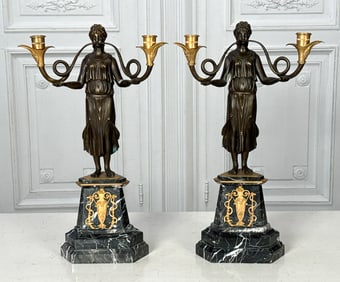 Pair Egyptian Maiden Bronze Candelabra
