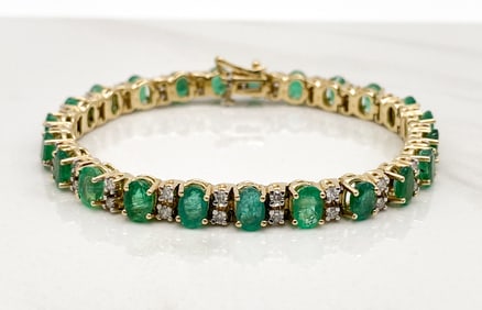 Emerald And Diamond Bracelet, 14k Yellow Gold