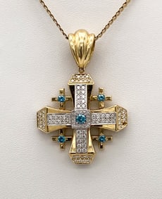 Diamond & Blue Topaz Cross Of Jerusalem Pendant