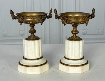 Pair Empire Gilt Bronze & Marble Garniture Urns