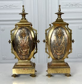 Pair Antique Gilt Bronze And Copper Urns