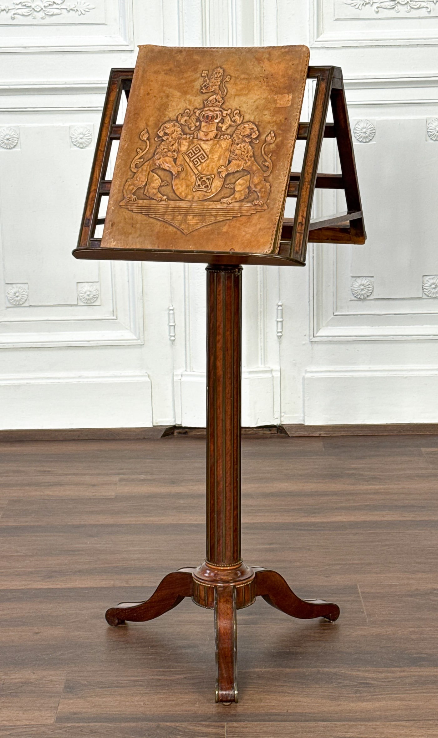 Neoclassical Mahogany Duet Music Stand: Neoclassical Mahogany Duet Music Stand, Probably French, 19th Century, Bronze Banding Throughout, Swivel Top, Columnar Support, Tripod Base, 46 X 18 X 20 Inches, Structurally Sound, Various Nicks And 