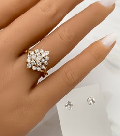 Diamond Cluster Ring And Stud Earrings Set, 14k