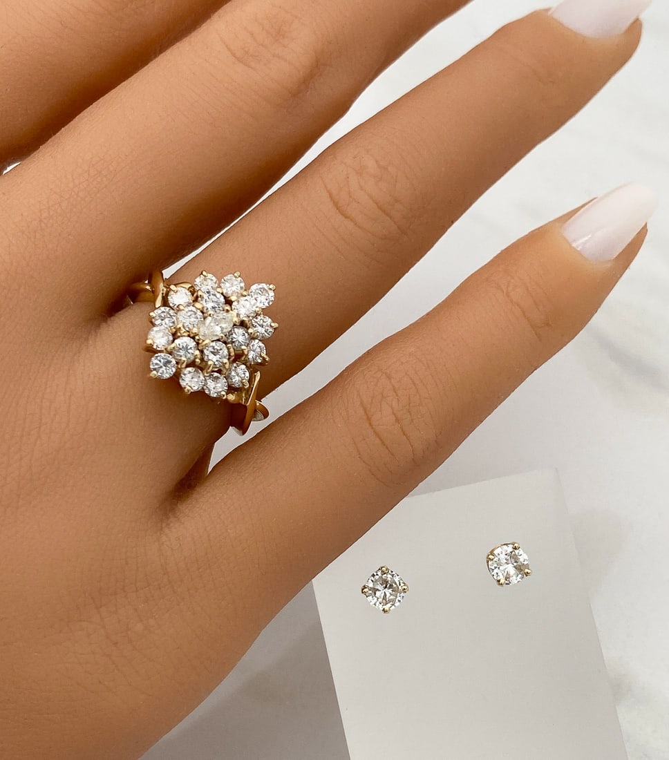 Diamond Cluster Ring And Stud Earrings Set, 14k (1 of 2)