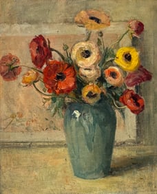 Ranunculus In Blue Vase Still Life Painting