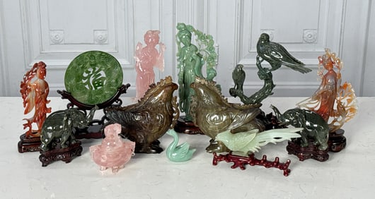 Thirteen Chinese Jade, Agate, And Rose Quartz, Figures
