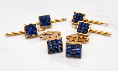 Men's Sapphire And 18k/plt Dressing Set