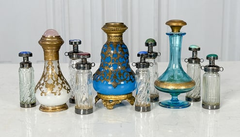 Ten Antique Perfume Bottles, Sterling, Opaline