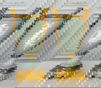 Pair Henri Picard Gilt Bronze & Porcelain Urns