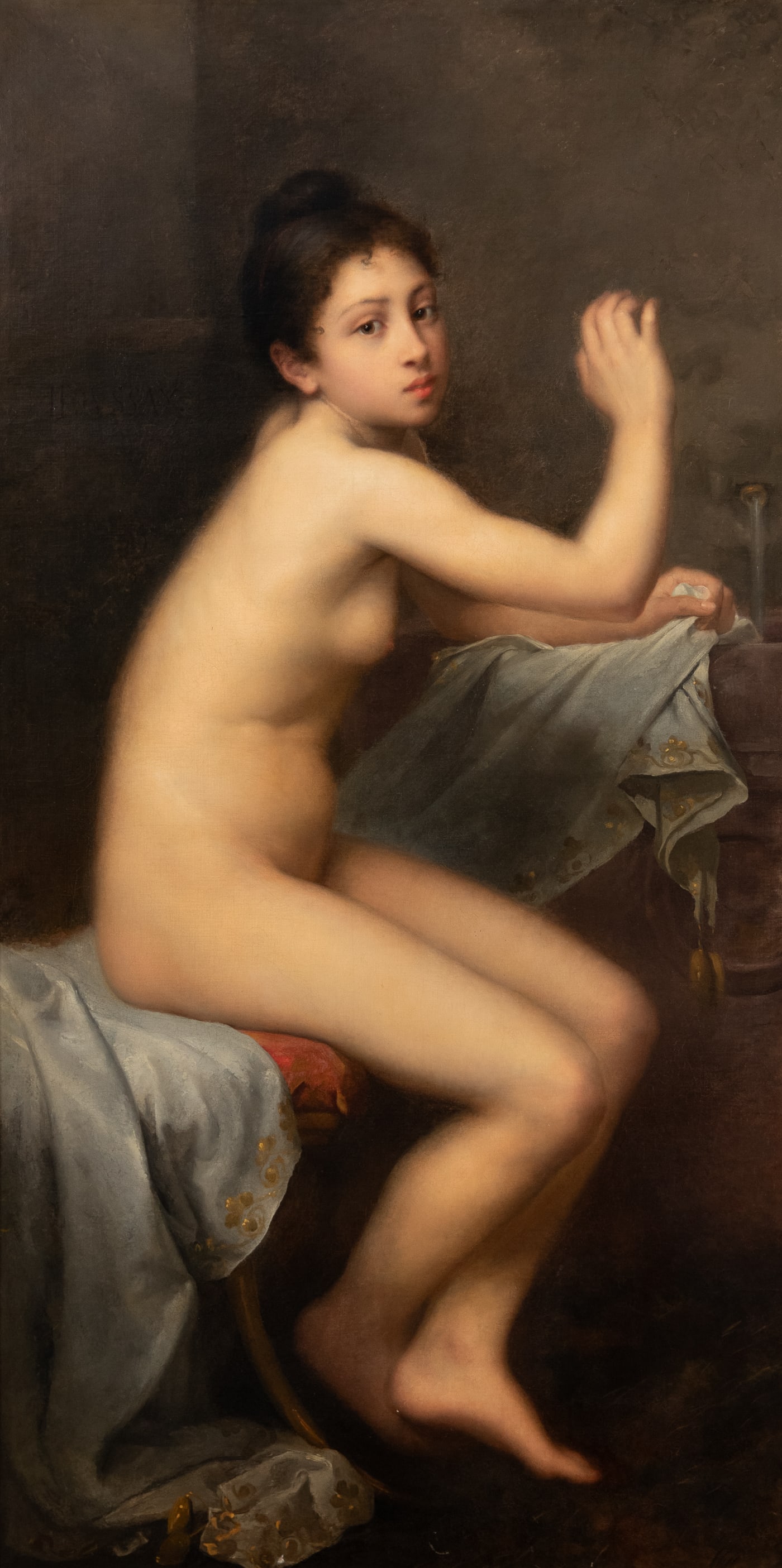 Josephine Houssay, French, 1840-1901: Josephine Houssay, French, 1840-1901, Nude, Young Woman Bathing At A Fountain, Signed Center Left, 56.5 X 29.25 Inches, Period Giltwood Frame 62.5 X 34.75 X 2.25 Inches, Varnish Layer Clean, Paint Lay
