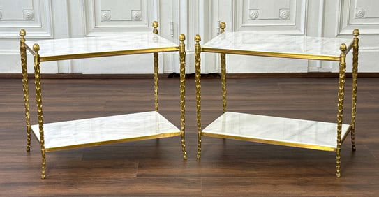 Pair Bagues Manner Marble & Bronze Side Tables