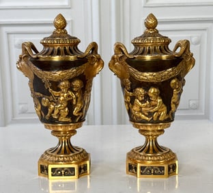 Pair Fine French Parcel Gilt Bronze Urns