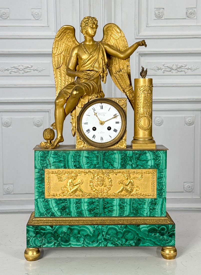 Empire Gilt Bronze & Malachite Mantle Clock: Empire Gilt Bronze & Malachite Mantle Clock, 19th Century, Dial Marked Deparcieux Her. Du Roy Paris, Finely Cast Winged Figure With Flame And Pomegranate On Clock Case With Enamel Dial, Large Malachit