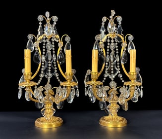 Pair Louis XVI Style Gilt Bronze Girandole Lamps