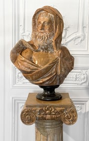 Carved Rouge Marble Bust Of A Bearded Man W/Pedestal