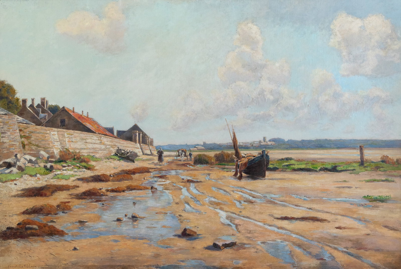 Ernest Le Villain, French, 1834-1916: Ernest Le Villain, French, 1834-1916, Maree Basse, Large Landscape At Low Tide, Oil On Canvas, Signed Lower Left, 47.5 X 70 Later Giltwood Frame 58.5 X 81 X 4 Inches, Areas Of Paint Loss Upper Left, B