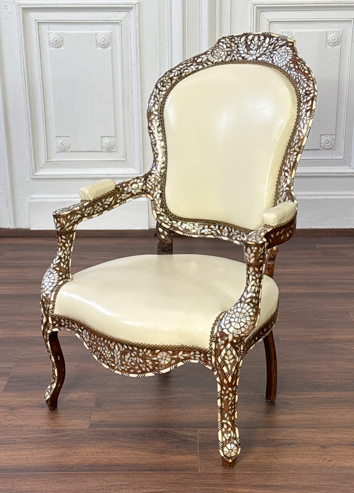 Moorish Style Inlaid Hardwood Fauteuil Armchair: Moorish Style Inlaid Hardwood Fauteuil Armchair, Mother Of Pearl, Abalone, Wire And Bone Inlay, Shield Back Padded Arms, Serpentine Seat, Cabriole Legs, White Hermes Glove Leather Upholstery With Nail
