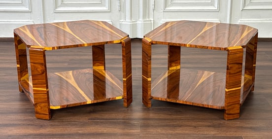 Pair Art Deco Style Exotic Veneer Side Tables