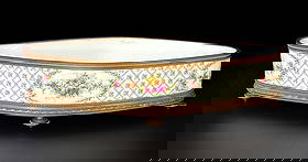 Louis XVI Sevres Porcelain Centerpiece: Louis XVI Sevres Porcelain Centerpiece, French, Probably 18th Century, Marked In Underglaze Blue With Interlaced L And S 1771 Date Mark, Roses And A La Reine Lattice Decoration On Lozenge Form Jardini