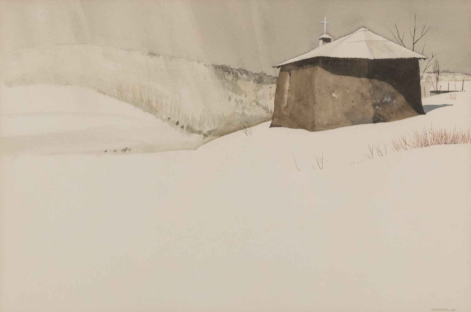 Morris Rippel, American, New Mexico, 1930-2009: Morris Rippel, American, New Mexico, 1930-2009, First Snow, Church North Of Taos, 1967, Watercolor, Signed And Dated Lower Right, Hand Written Letter From Artist Dated 1968 Affixed Verso, Sight 14.25