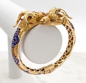 18k Yellow Gold & Enamel Ram's Head Cuff Bracelet