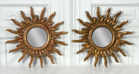 Pair Italian Carved & Giltwood Sunburst Mirrors