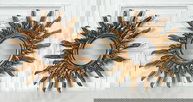 Pair Italian Carved & Giltwood Sunburst Mirrors: Pair Italian Carved & Giltwood Sunburst Mirrors, Each With Circular Mirror Plate, Overall Diameter 25.5, Mirror Diameter 8.5 Inches, Both Structurally Sound With Rubbed And Distressed Gilt Surface And