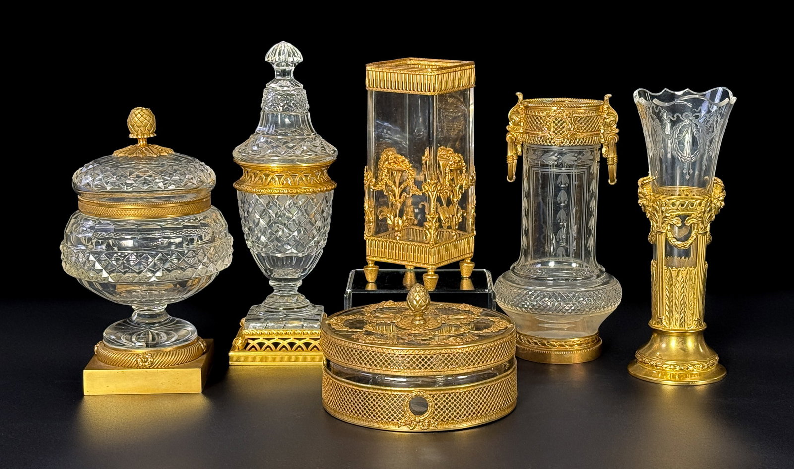 Six Neoclassical Gilt Bronze Cut Glass Vessels (1 of 8)