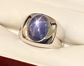 Gent's GIA Cabochon Star Sapphire 14k White Gold Ring