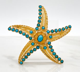 Turquoise & 18k Yellow Gold Starfish Pin
