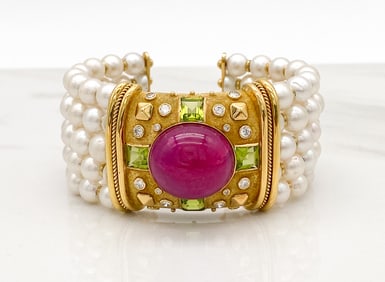 Robert Whiteside Pearl, Peridot, Ruby, Diamond Bracelet