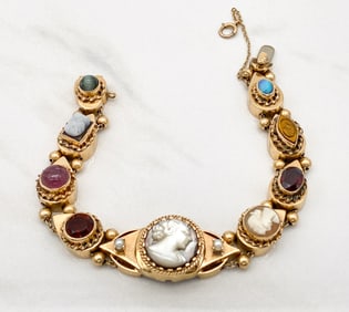 Antique Cameo / Intaglio 14k Yellow Gold Slide Bracelet